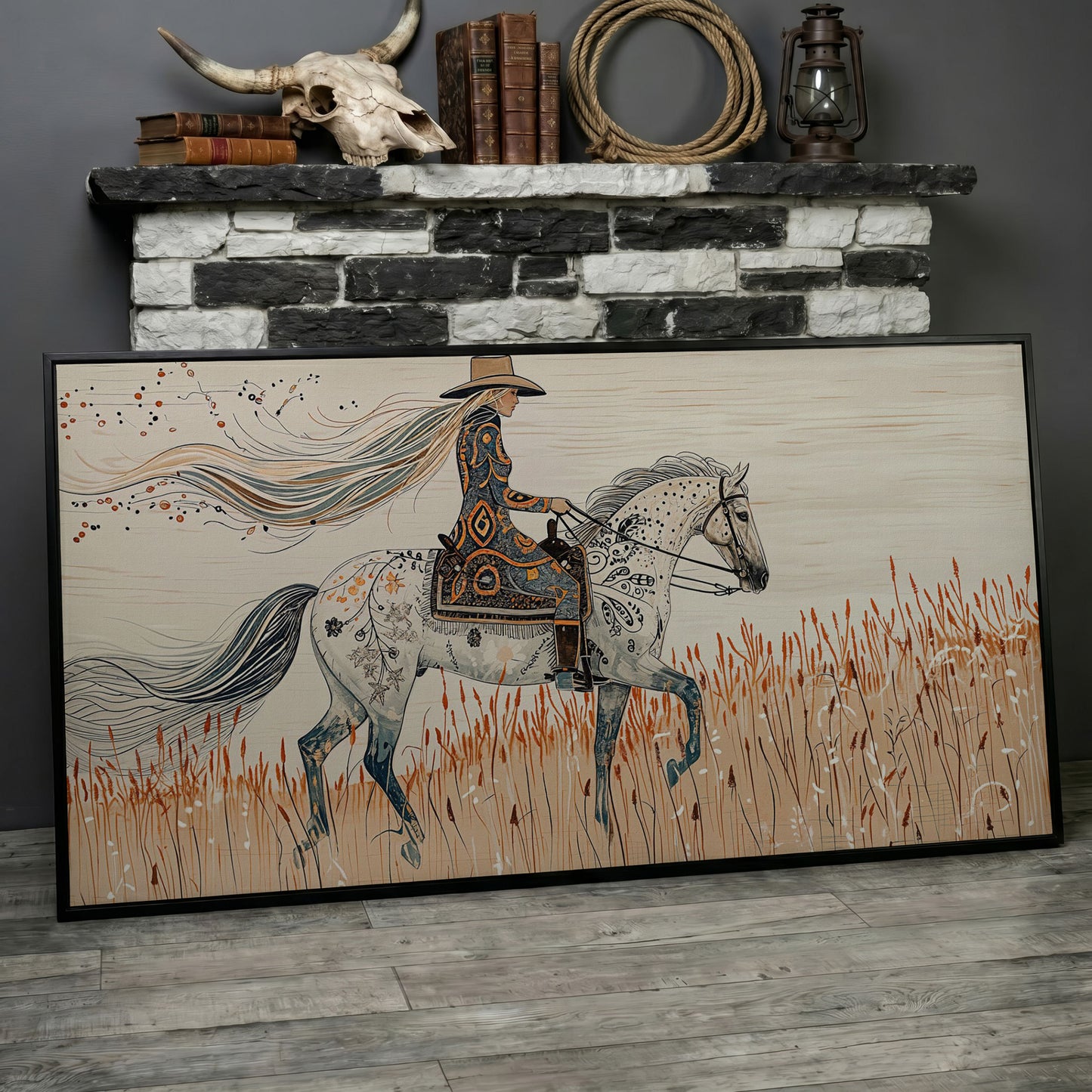 Cowgirl on Horseback Canvas Print in black floating frame