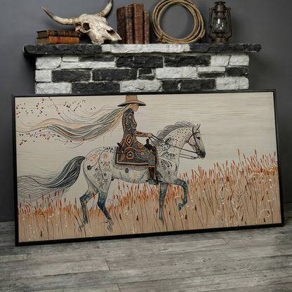 Cowgirl on Horseback Canvas Print in black floating frame
