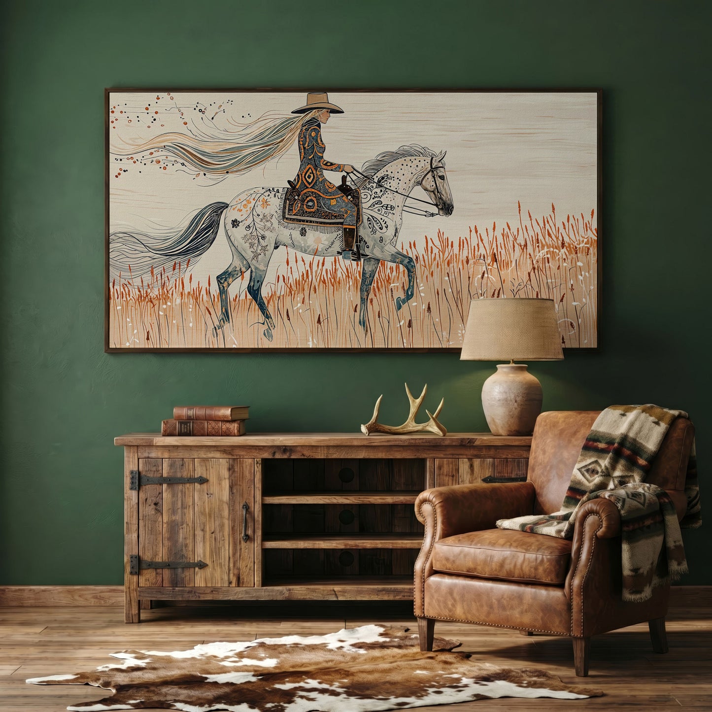 Cowgirl on Horseback Canvas Print in dark walnut floating frame