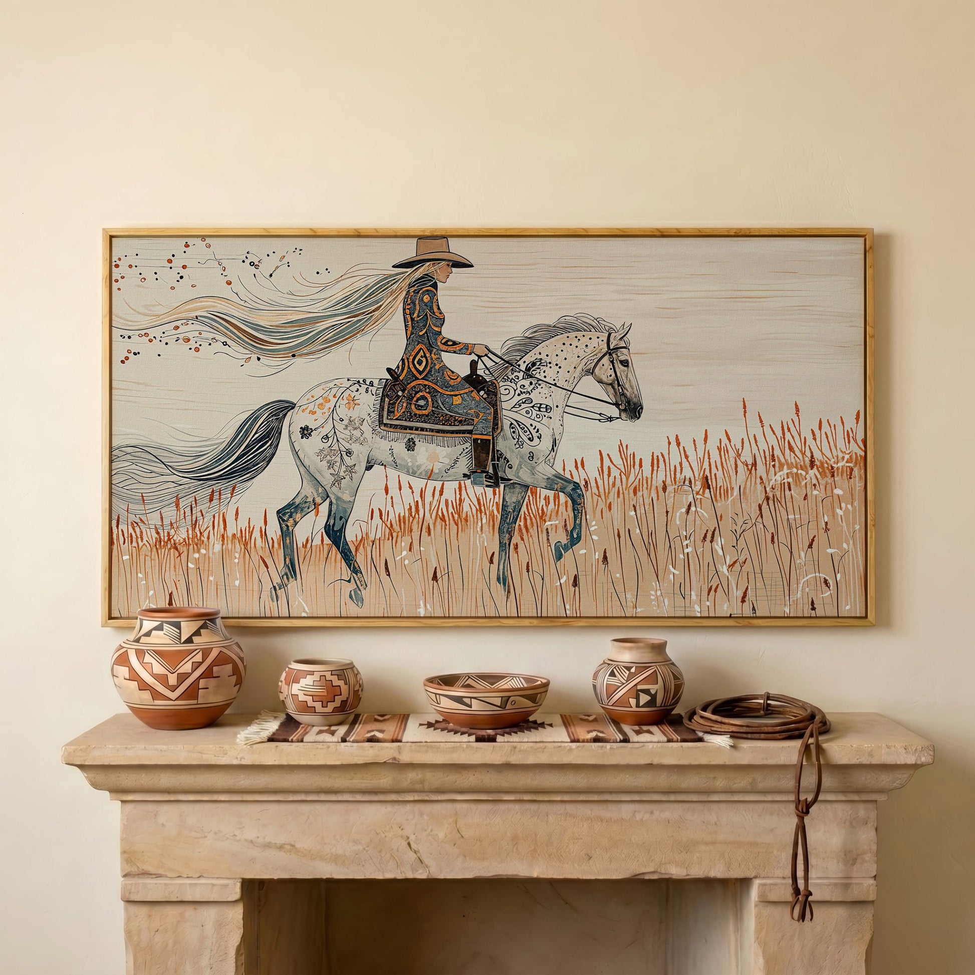 Cowgirl on Horseback Canvas Print in white oak floating frame
