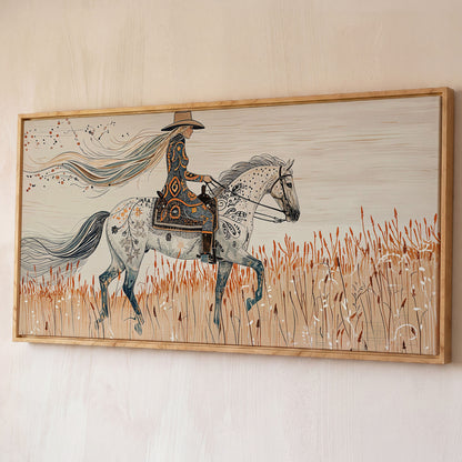 Cowgirl on Horseback Canvas Print shown in white oak floating frame