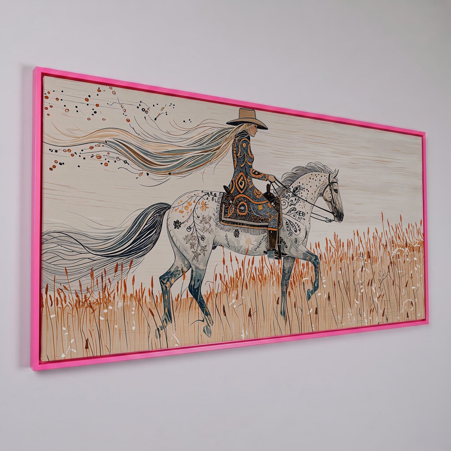 Cowgirl on Horseback Canvas Print in pink floating frame