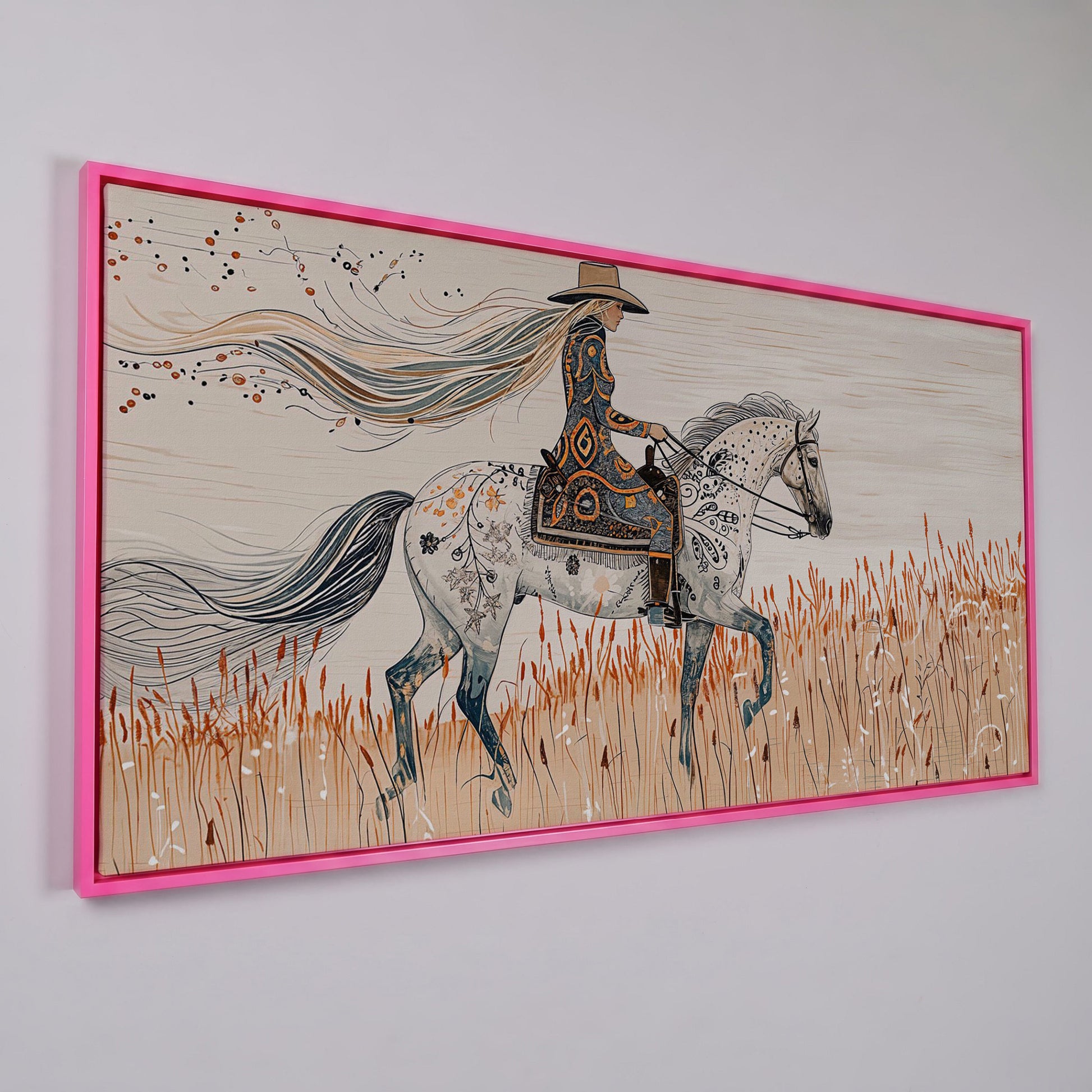 Cowgirl on Horseback Canvas Print in pink floating frame