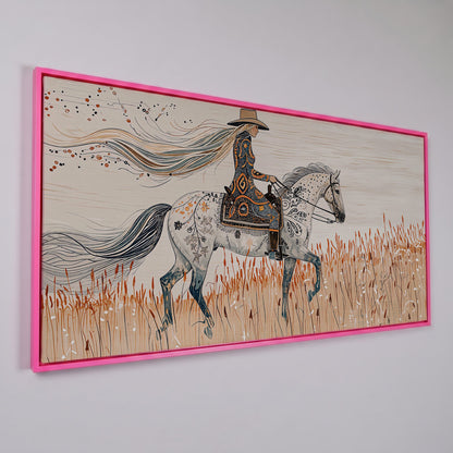 Cowgirl on Horseback Canvas Print in pink floating frame
