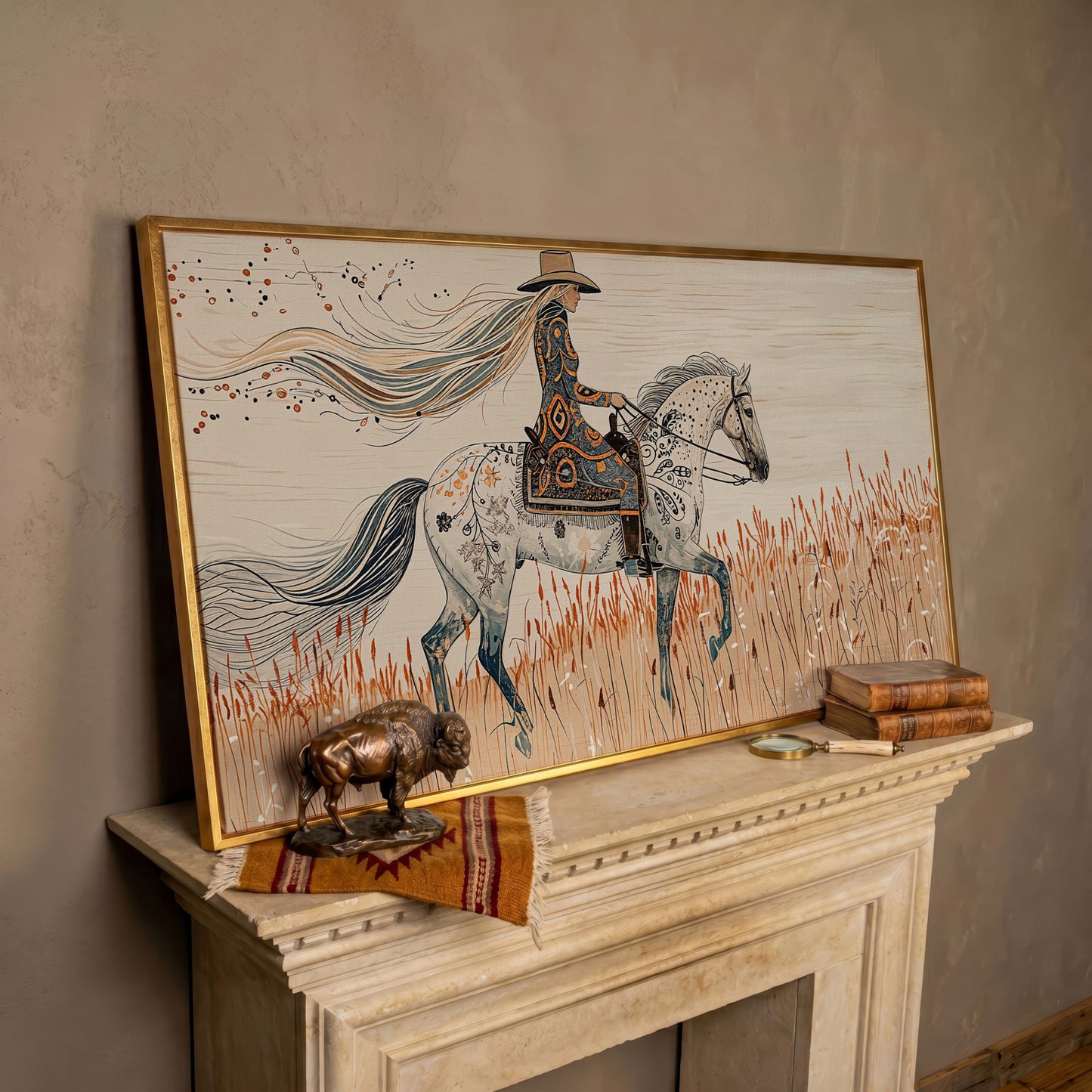 Cowgirl on Horseback Canvas Print in rose gold floating frame
