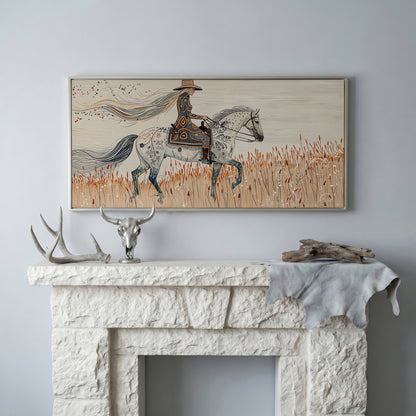 Cowgirl on Horseback Canvas Print in silver floating frame