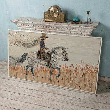 Cowgirl on Horseback Canvas Print in white floating frame