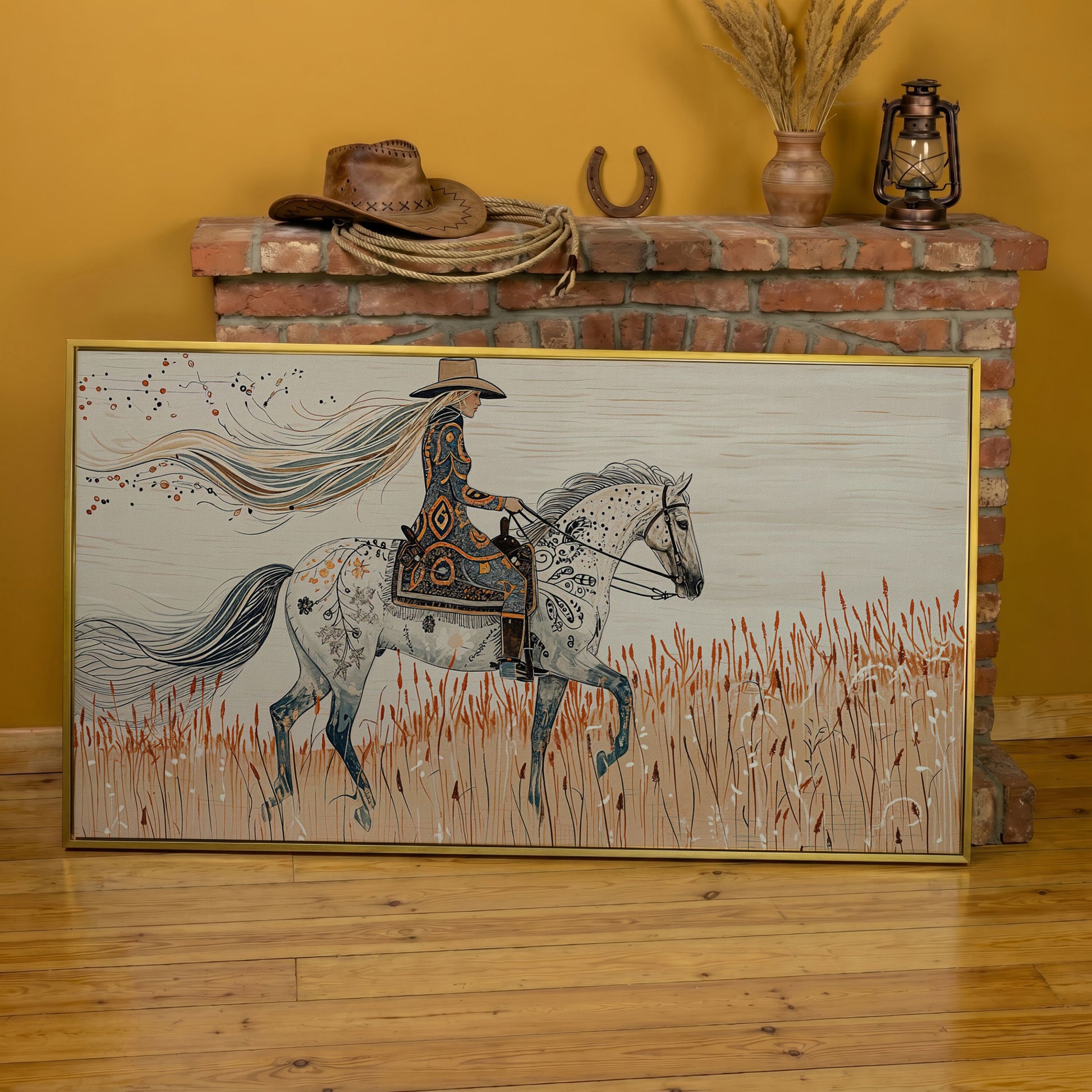Cowgirl on Horseback Canvas Print in yellow gold floating frame