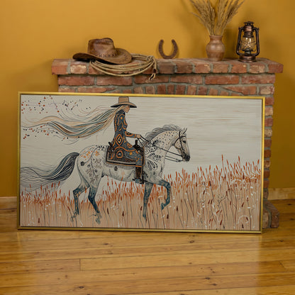 Cowgirl on Horseback Canvas Print in yellow gold floating frame