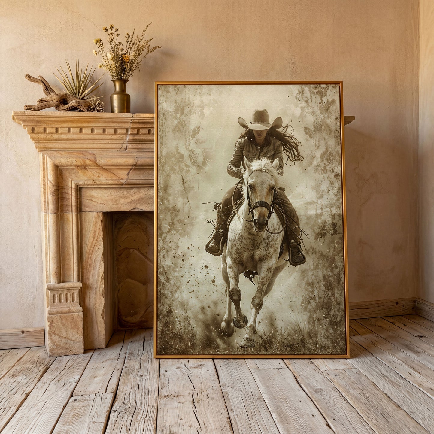 Dynamic Cowgirl Rider Canvas Print in antique gold floating frame