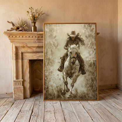 Dynamic Cowgirl Rider Canvas Print in antique gold floating frame