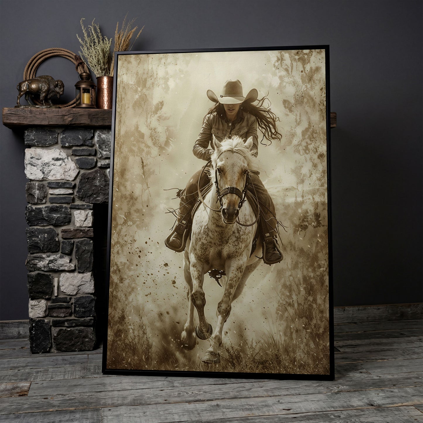Dynamic Cowgirl Rider Canvas Print in black floating frame