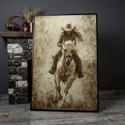 Dynamic Cowgirl Rider Canvas Print in black floating frame