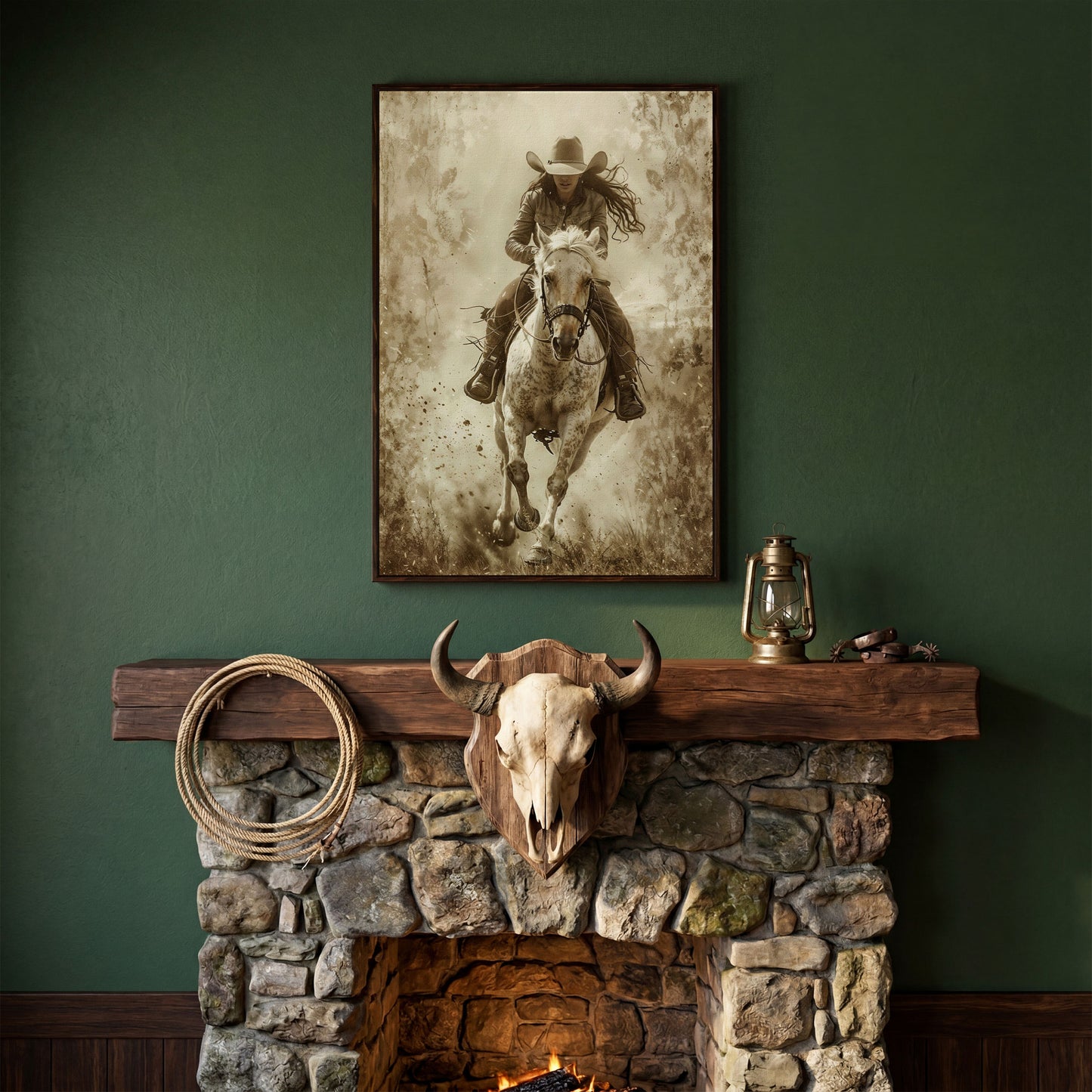 Dynamic Cowgirl Rider Canvas Print in dark walnut floating frame