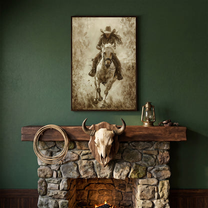 Dynamic Cowgirl Rider Canvas Print in dark walnut floating frame