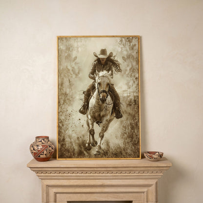 Dynamic Cowgirl Rider Canvas Print in white oak floating frame