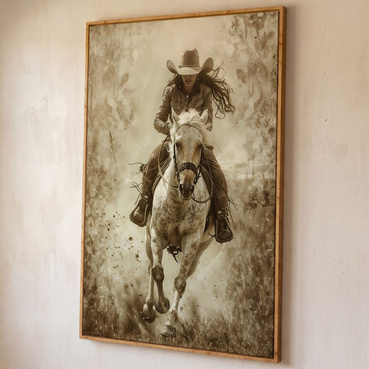 Dynamic Cowgirl Rider Canvas Print shown in white oak floating frame
