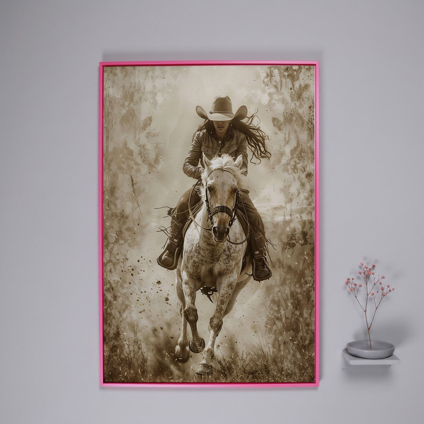 Dynamic Cowgirl Rider Canvas Print in pink floating frame