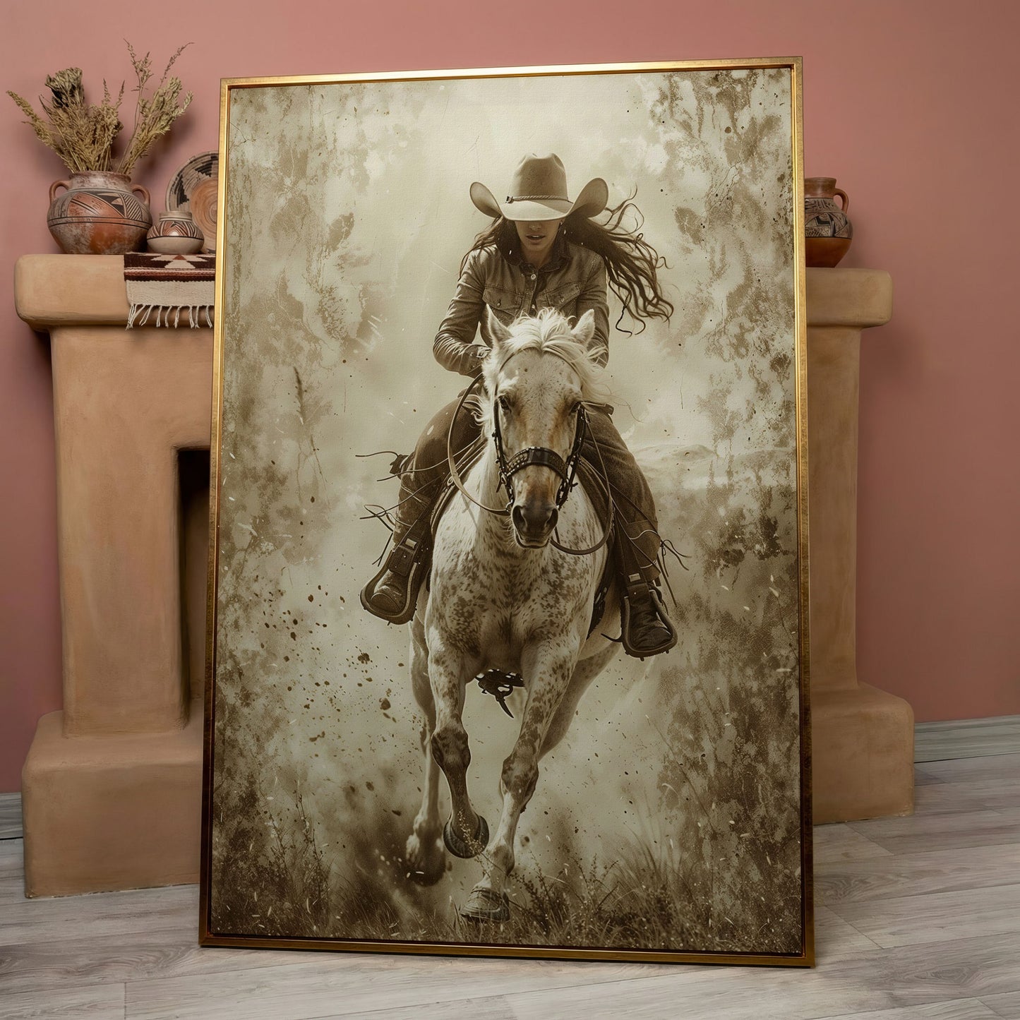 Dynamic Cowgirl Rider Canvas Print in rose gold floating frame