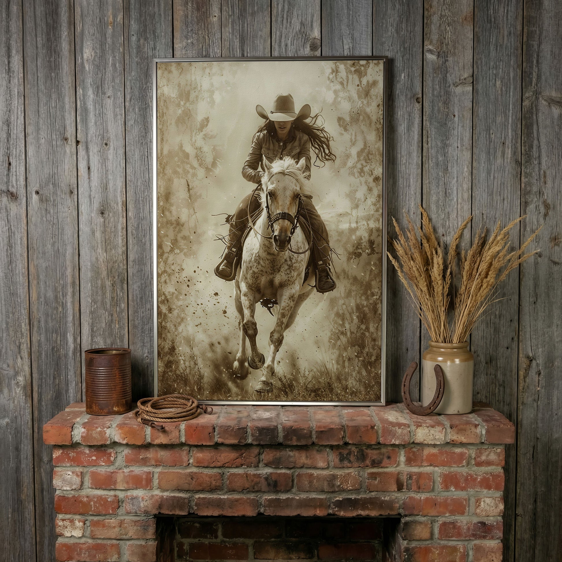Dynamic Cowgirl Rider Canvas Print in silver floating frame