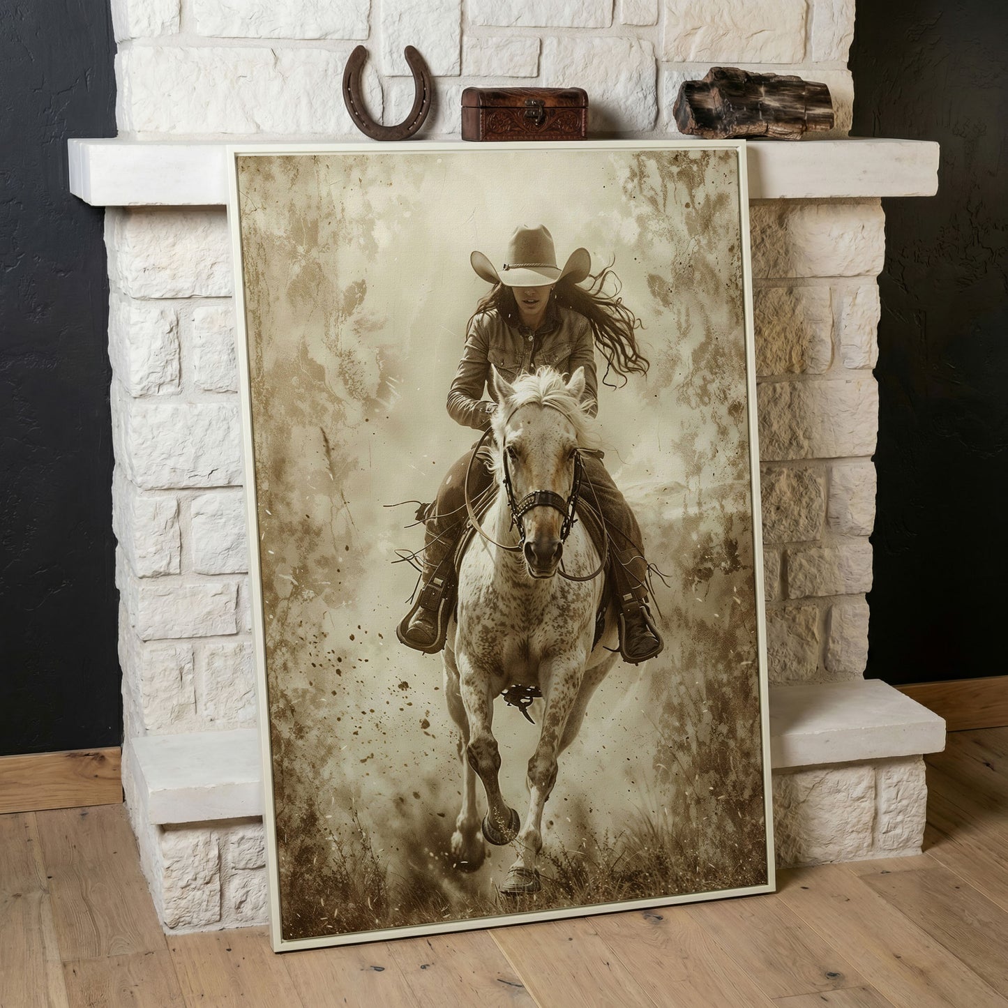 Dynamic Cowgirl Rider Canvas Print in white floating frame