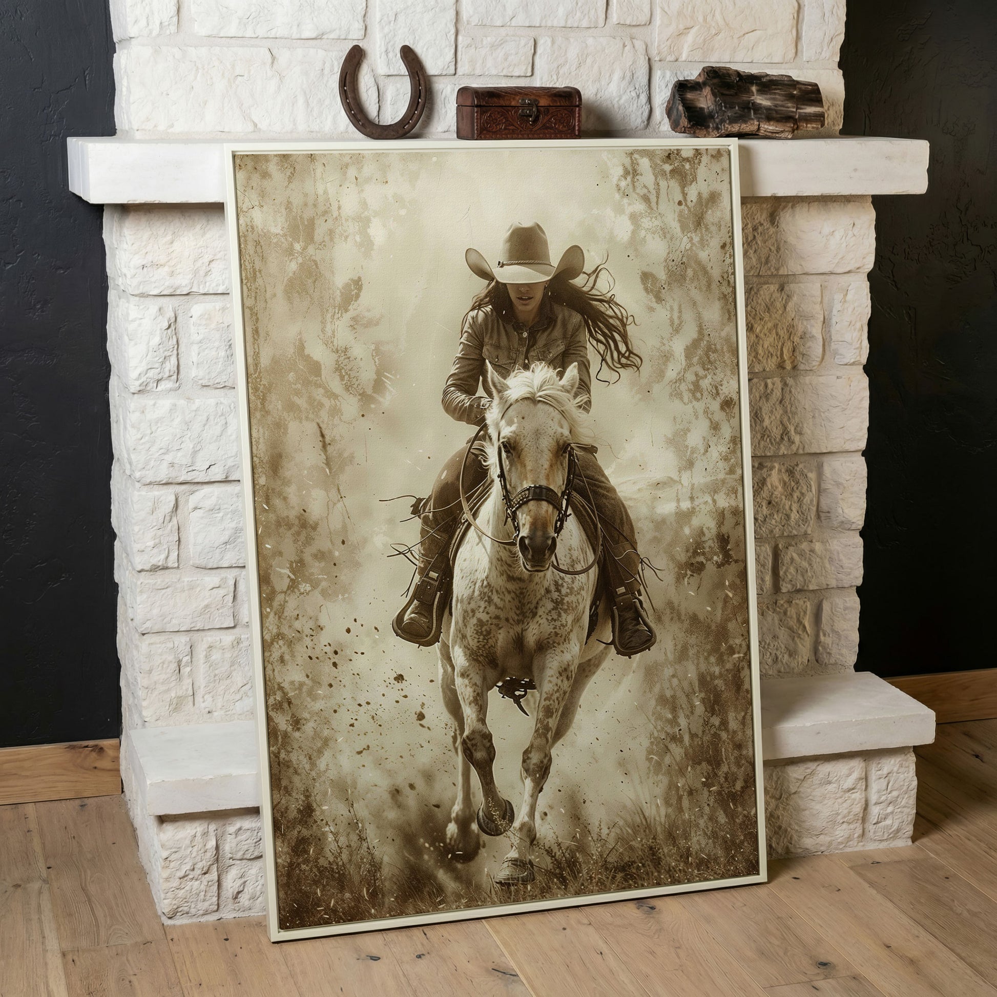 Dynamic Cowgirl Rider Canvas Print in white floating frame