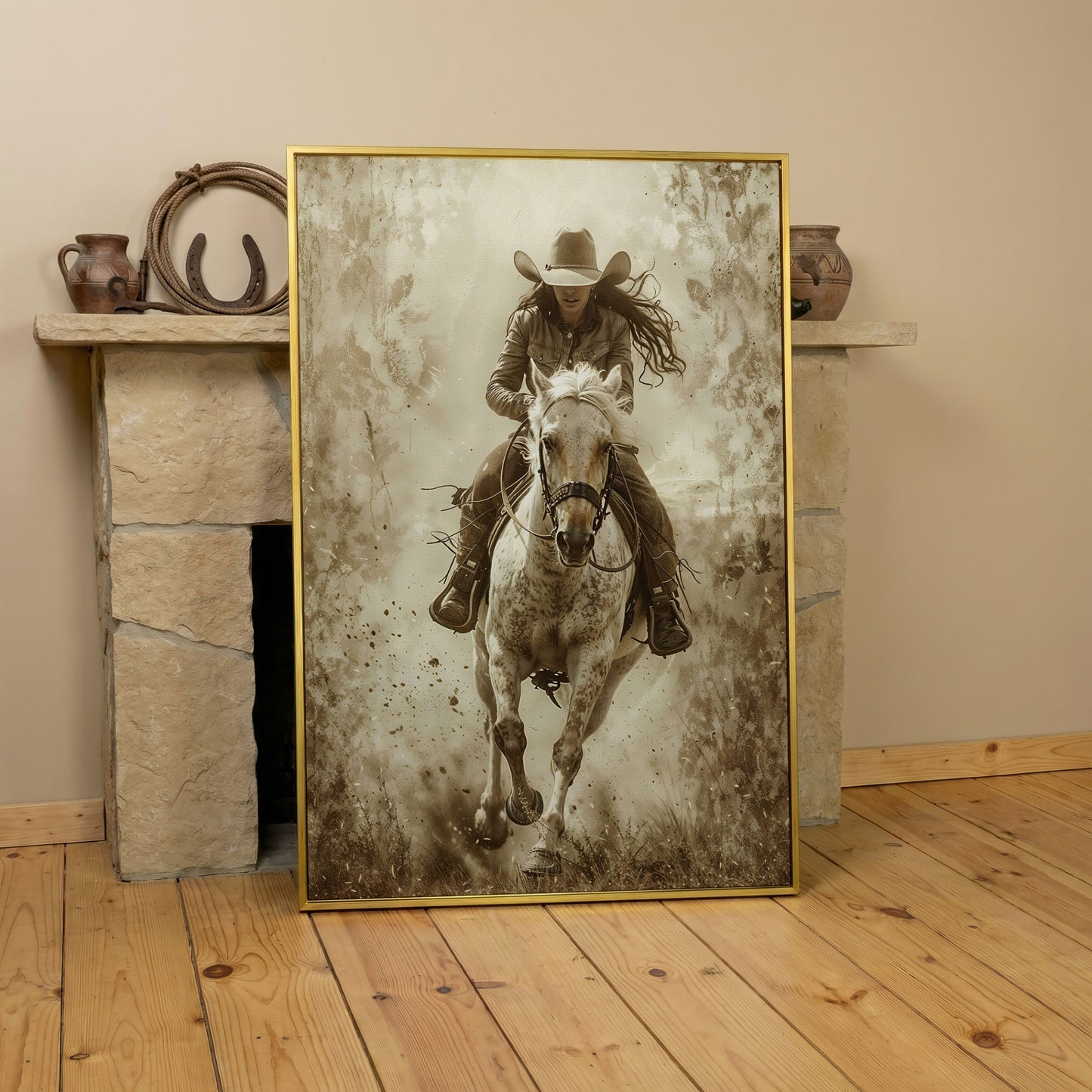 Dynamic Cowgirl Rider Canvas Print in yellow gold floating frame
