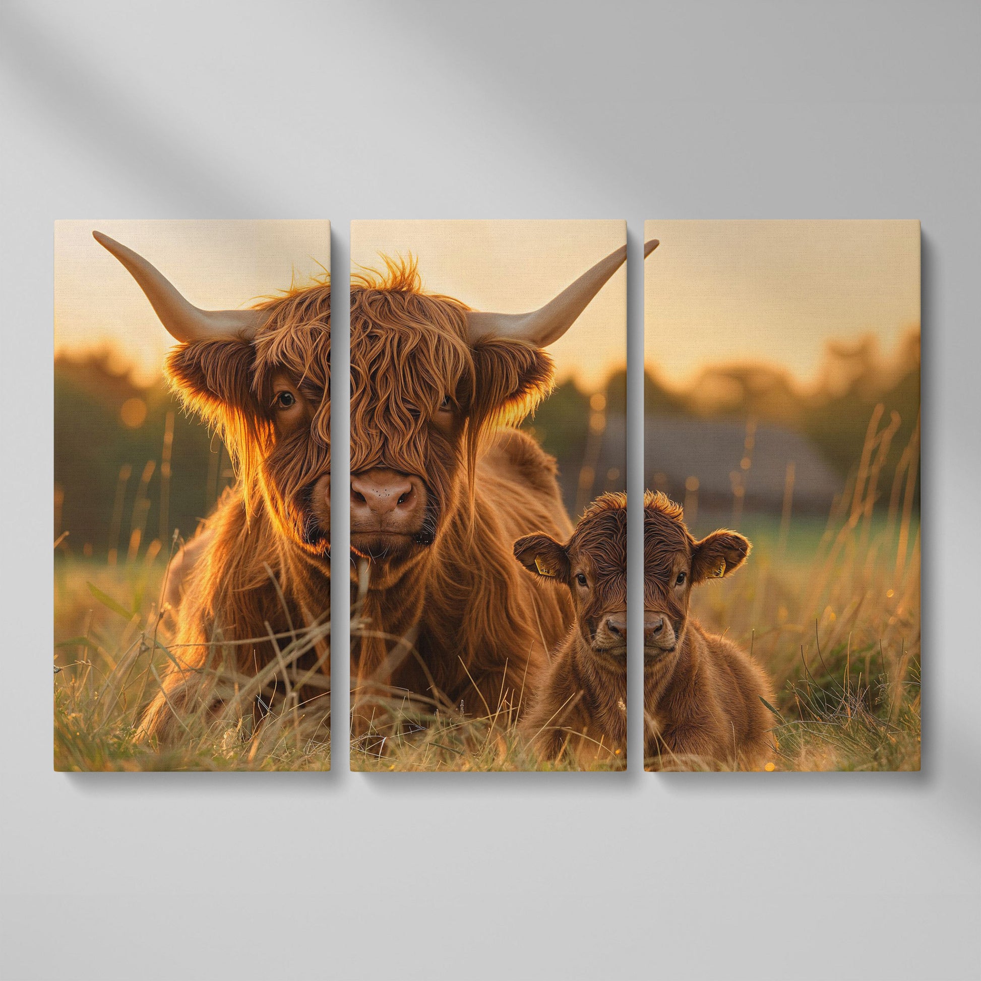 Highland Cow and Calf Canvas Wall Art as 3-panel split version