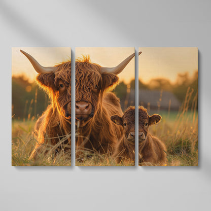 Highland Cow and Calf Canvas Wall Art as 3-panel split version