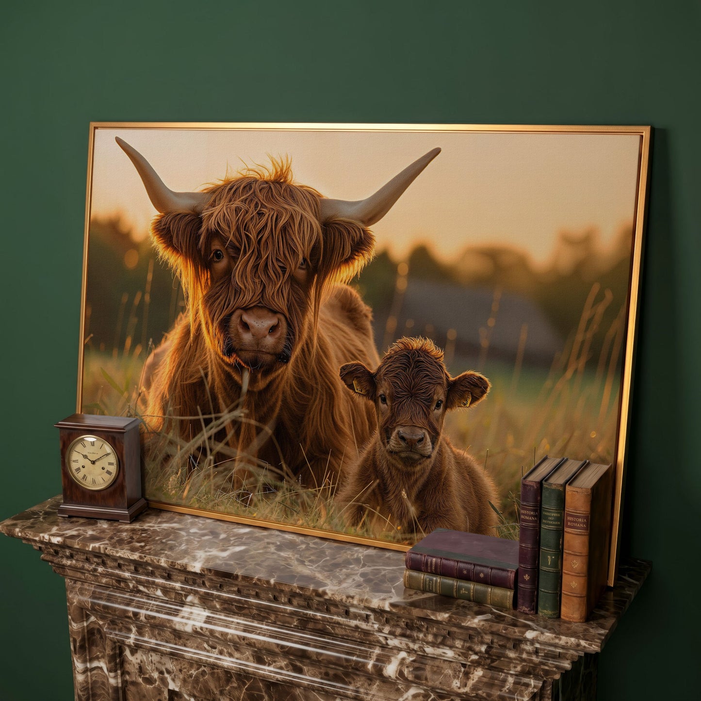 Highland Cow and Calf Canvas Wall Art in antique gold floating frame