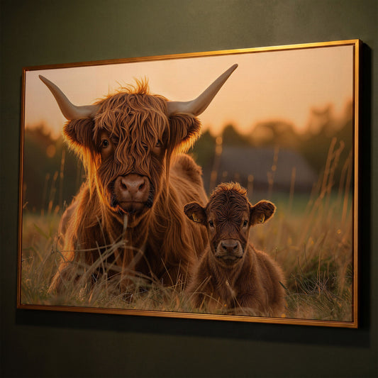 Highland Cow and Calf Canvas Wall Art shown in antique gold floating frame