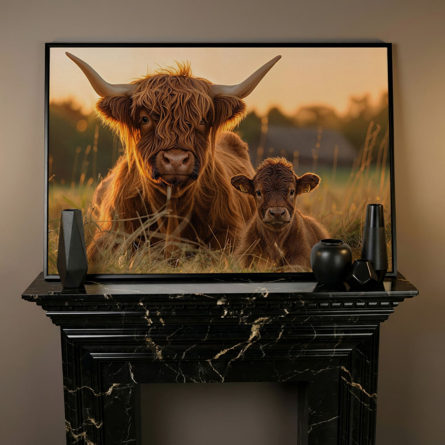 Highland Cow and Calf Canvas Wall Art in black floating frame