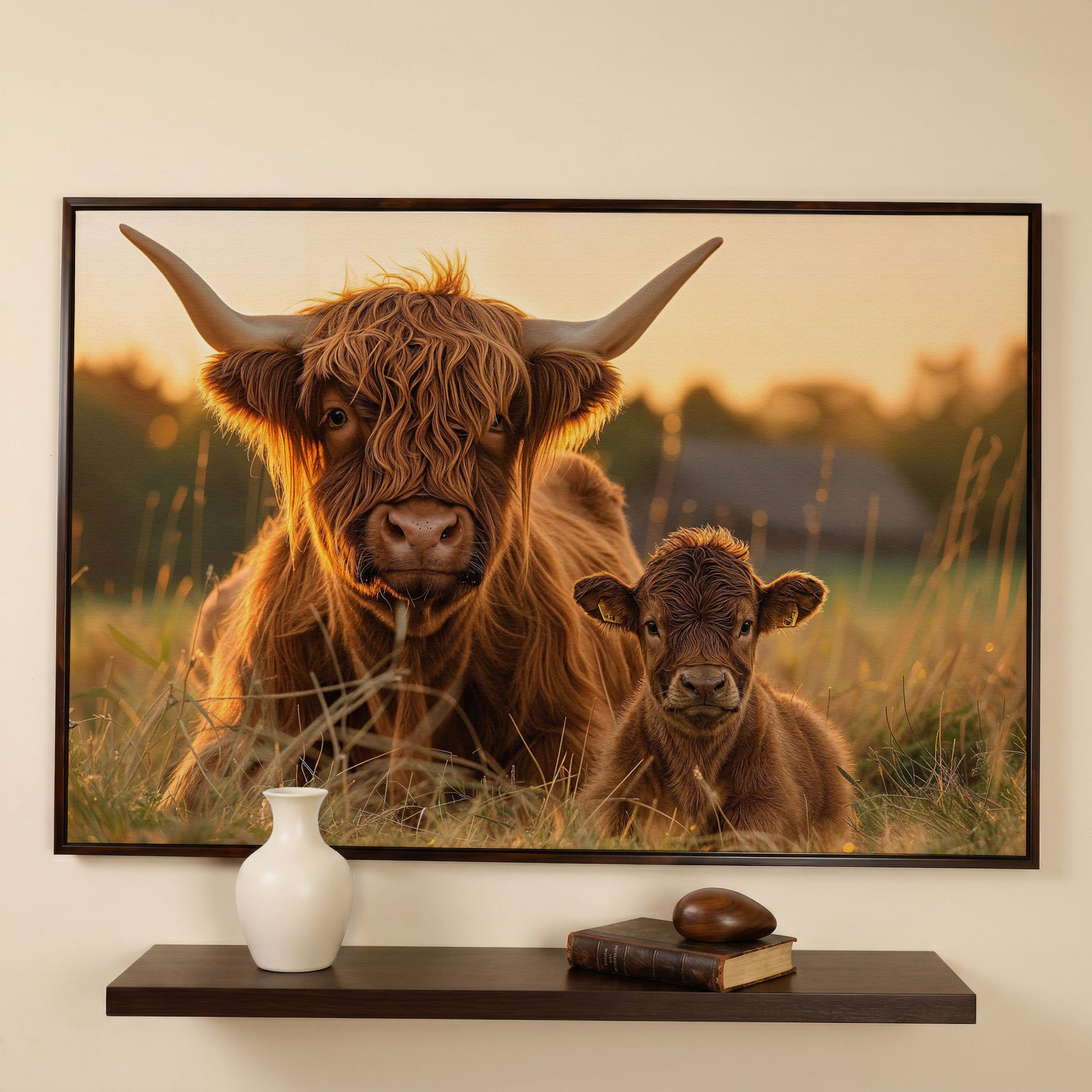 Highland Cow and Calf Canvas Wall Art in dark walnut floating frame