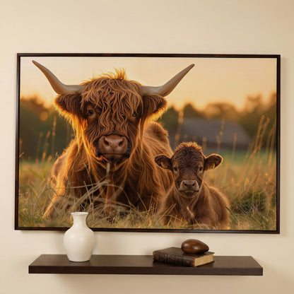 Highland Cow and Calf Canvas Wall Art in dark walnut floating frame