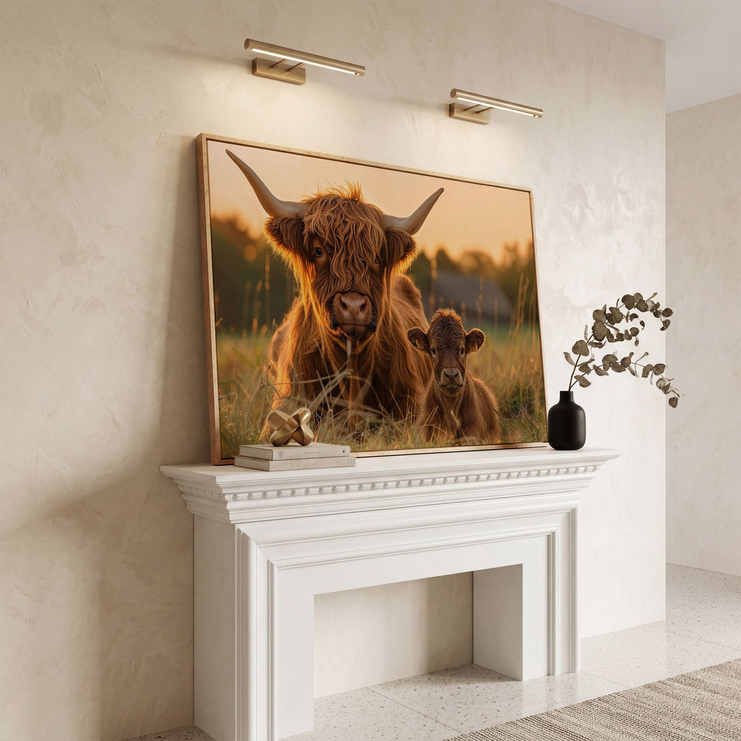 Highland Cow and Calf Canvas Wall Art in white oak floating frame