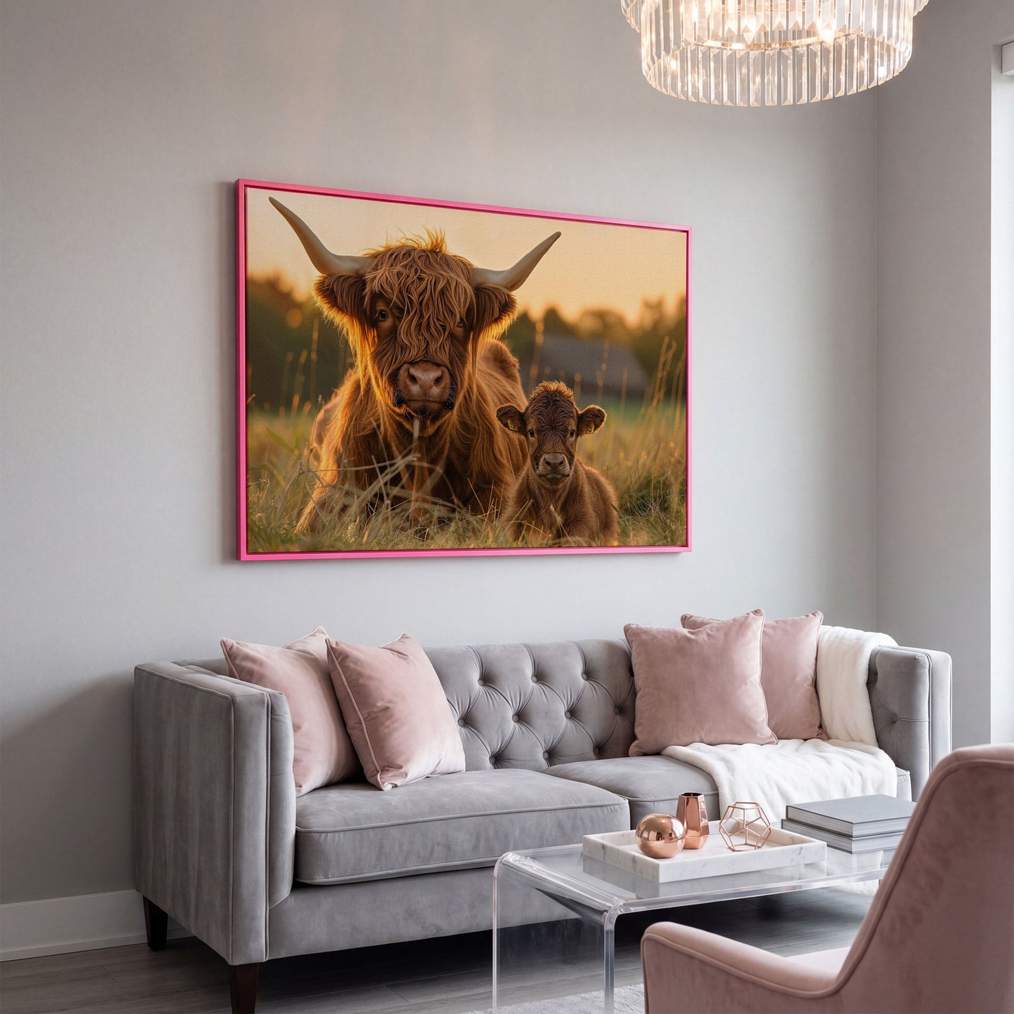 Highland Cow and Calf Canvas Wall Art in pink floating frame