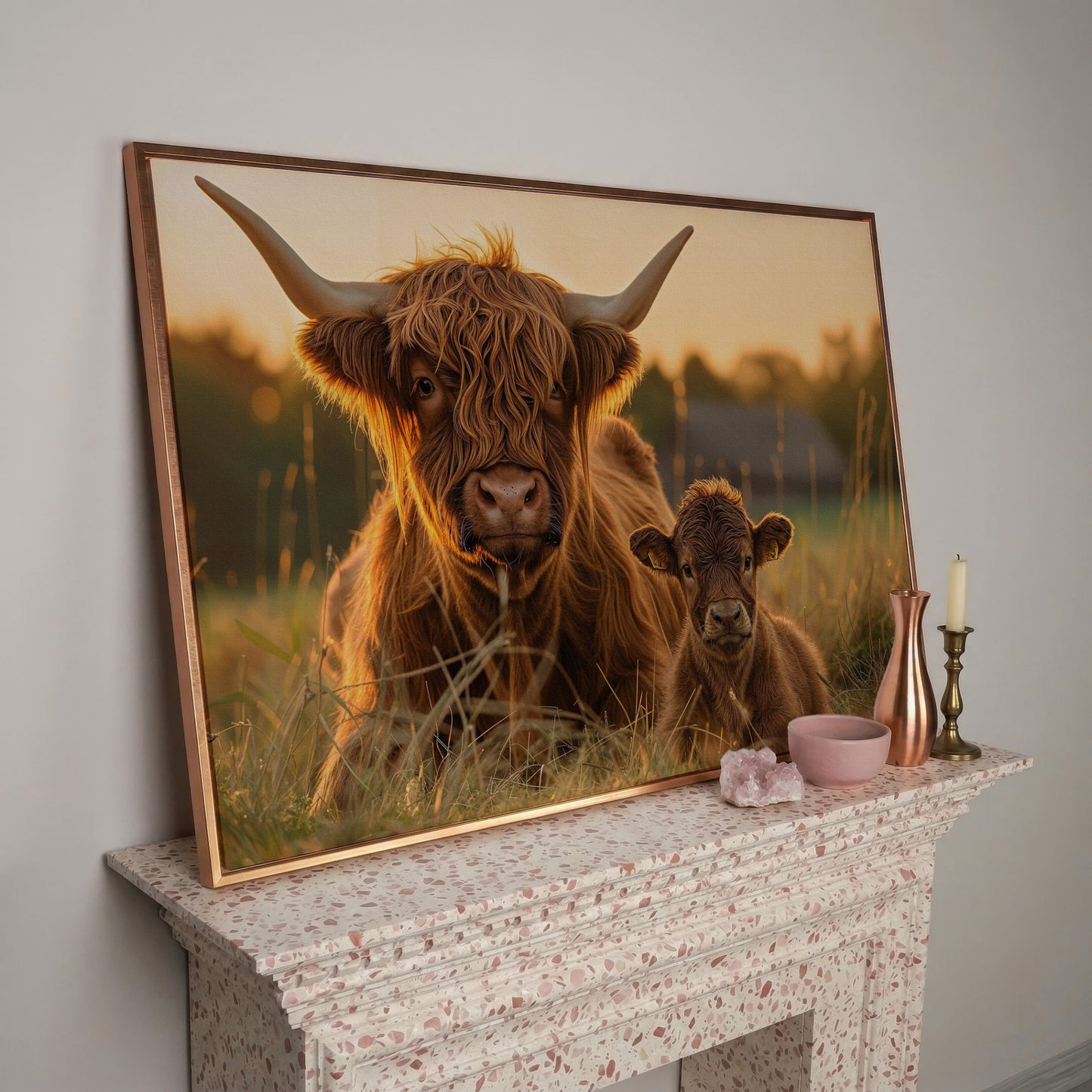 Highland Cow and Calf Canvas Wall Art in rose gold floating frame