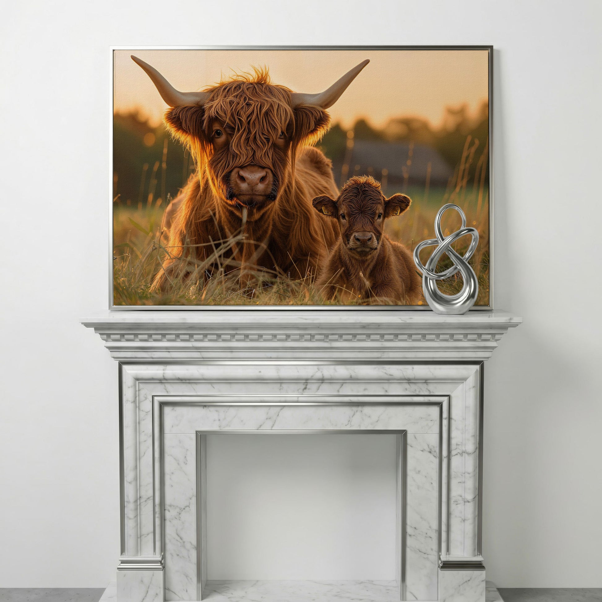 Highland Cow and Calf Canvas Wall Art in silver floating frame