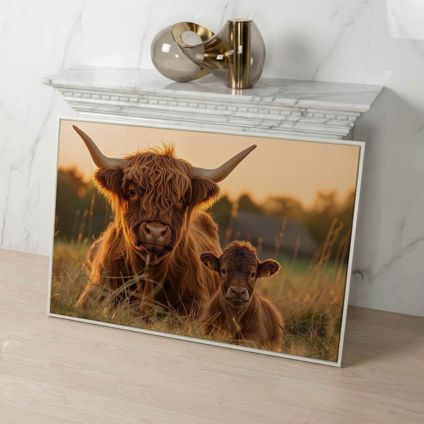 Highland Cow and Calf Canvas Wall Art in white floating frame