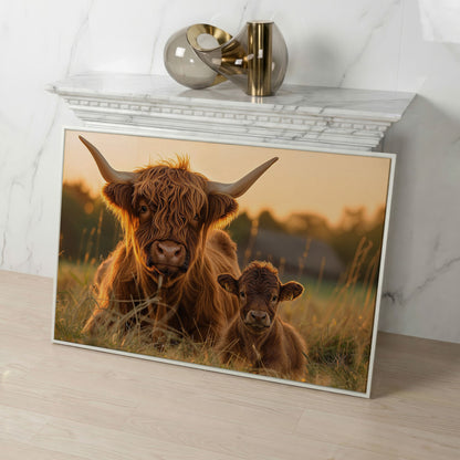 Highland Cow and Calf Canvas Wall Art in white floating frame