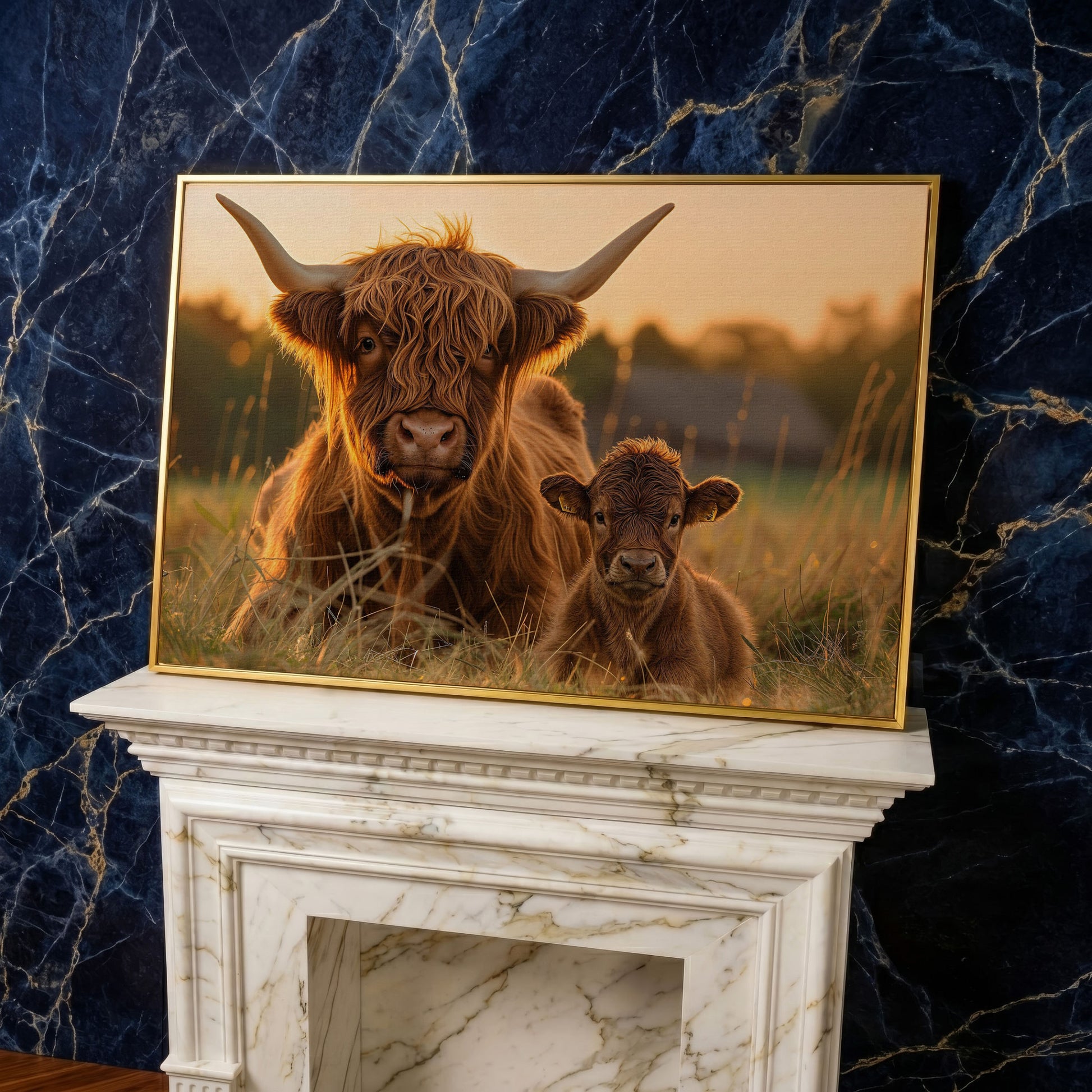 Highland Cow and Calf Canvas Wall Art in yellow gold floating frame
