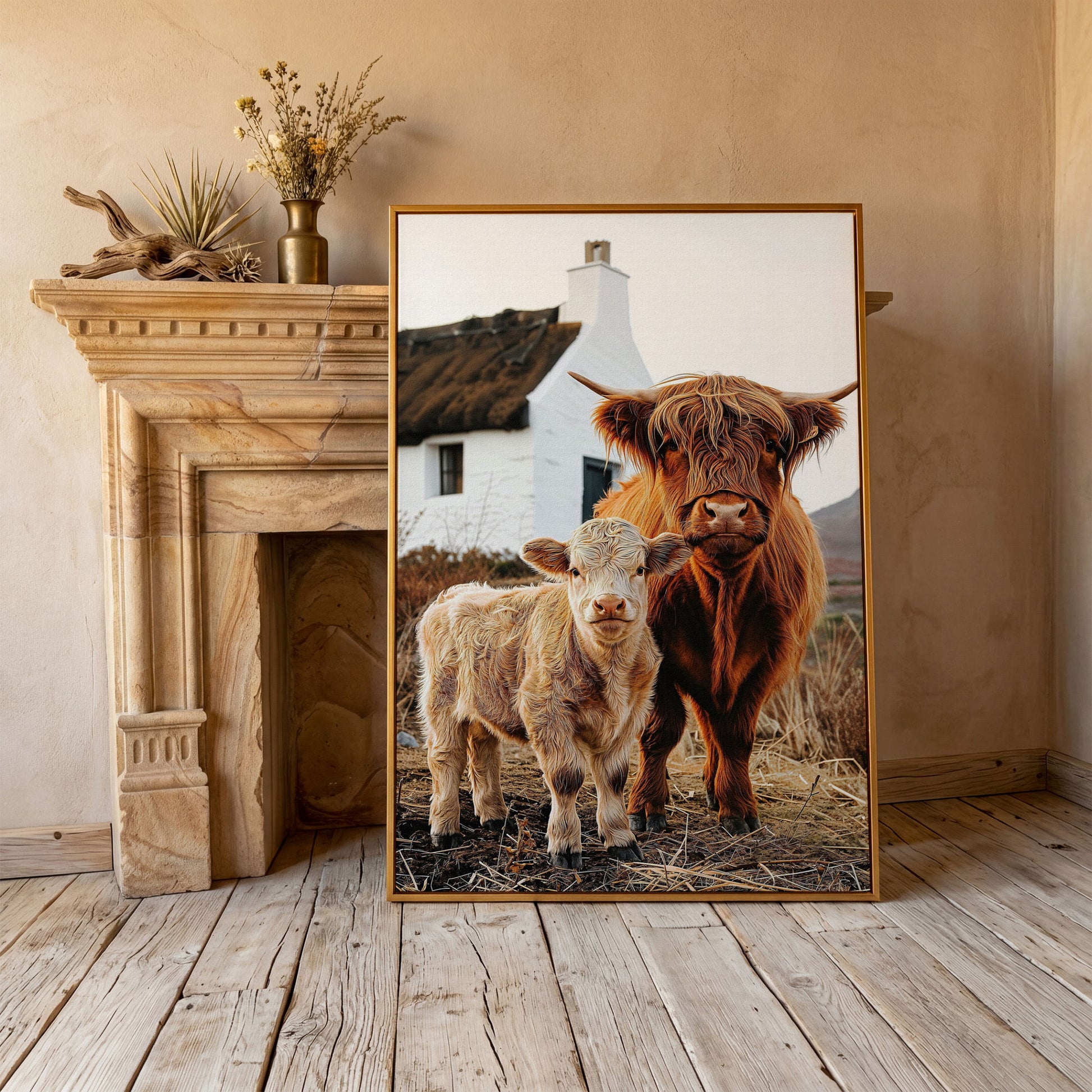 Highland Cattle and Calf with Cottage Canvas Print in antique gold floating frame