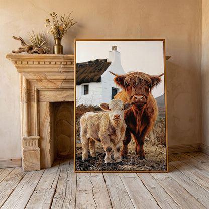 Highland Cattle and Calf with Cottage Canvas Print in antique gold floating frame