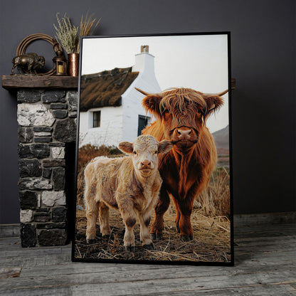 Highland Cattle and Calf with Cottage Canvas Print in black floating frame