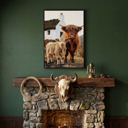 Highland Cattle and Calf with Cottage Canvas Print in dark walnut floating frame