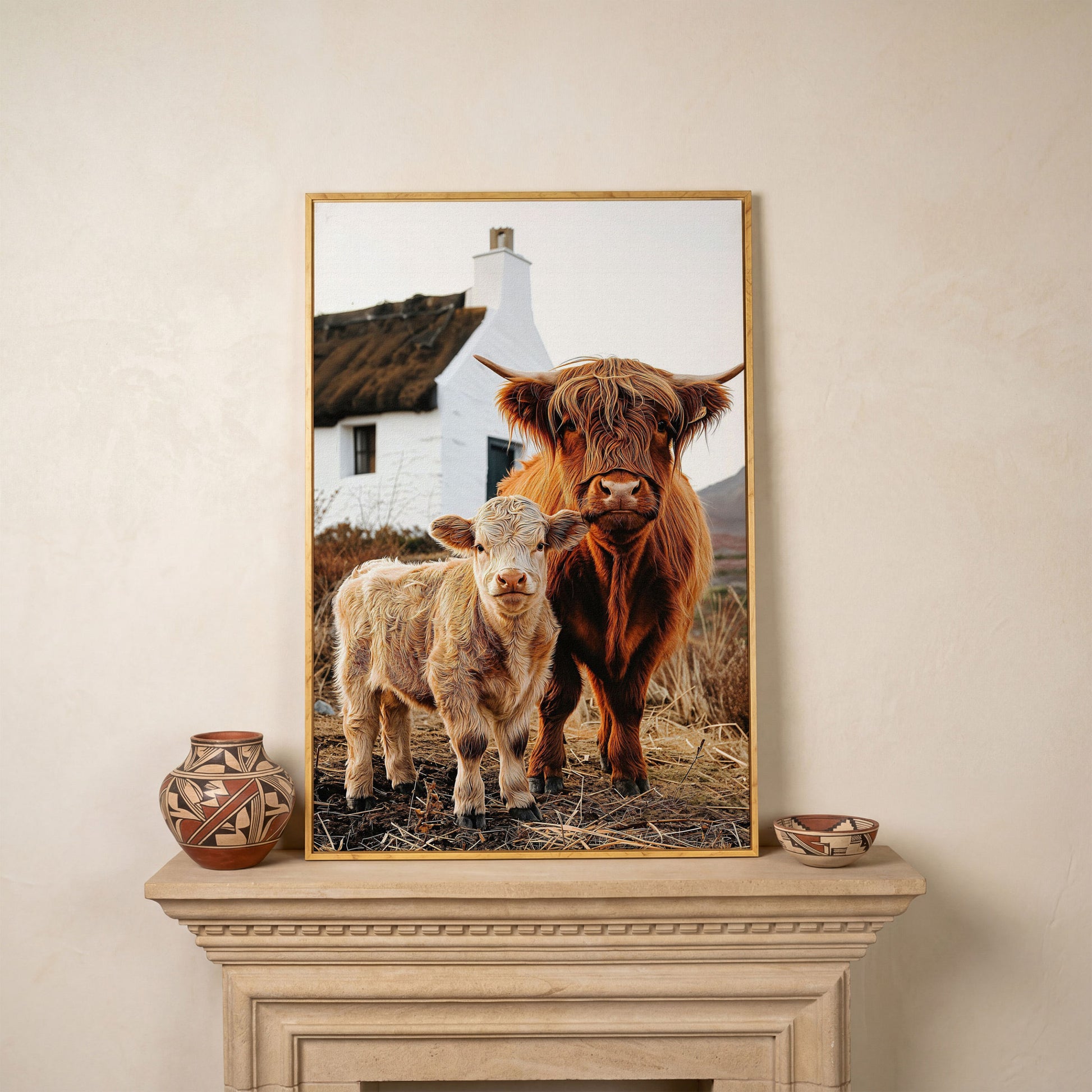 Highland Cattle and Calf with Cottage Canvas Print in white oak floating frame