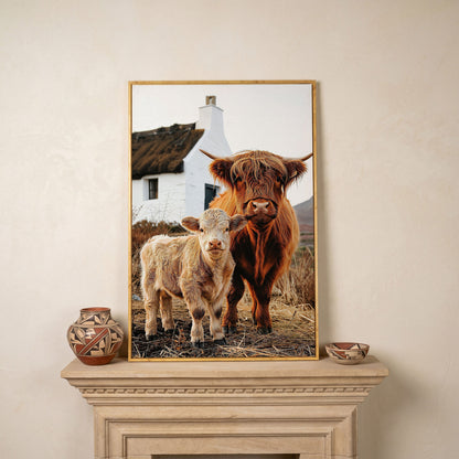 Highland Cattle and Calf with Cottage Canvas Print in white oak floating frame
