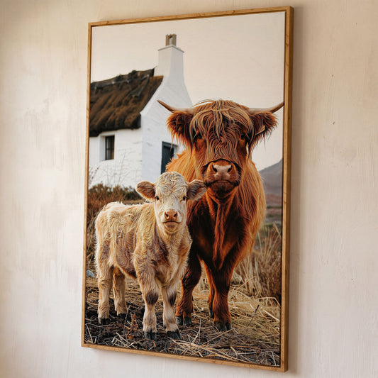 Highland Cattle and Calf with Cottage Canvas Print shown in white oak floating frame