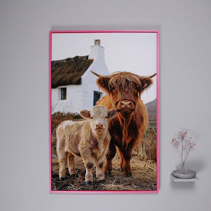 Highland Cattle and Calf with Cottage Canvas Print in pink floating frame