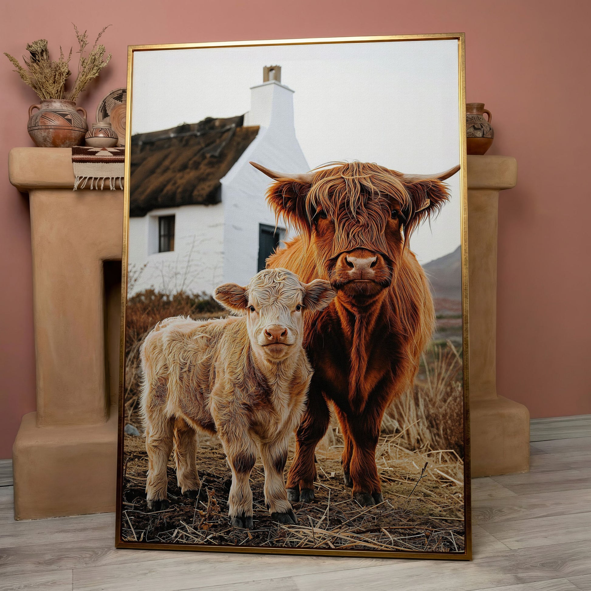 Highland Cattle and Calf with Cottage Canvas Print in rose gold floating frame